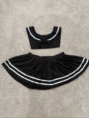 Black Sailor Two-Piece Crop Top and Skirt Set with White Stripes